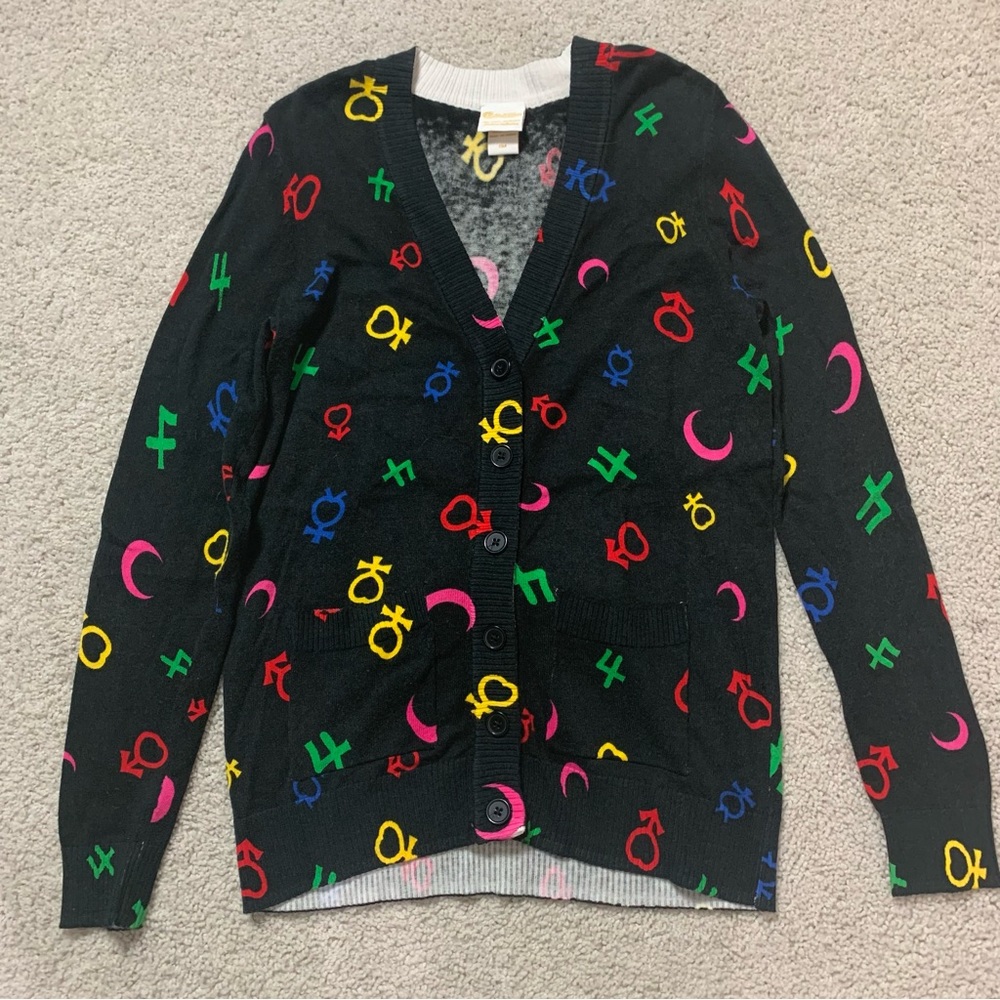 Women's SAILOR MOON Black BOW Back COLORFUL Gender Symbols CARDIGAN Sweater  S
